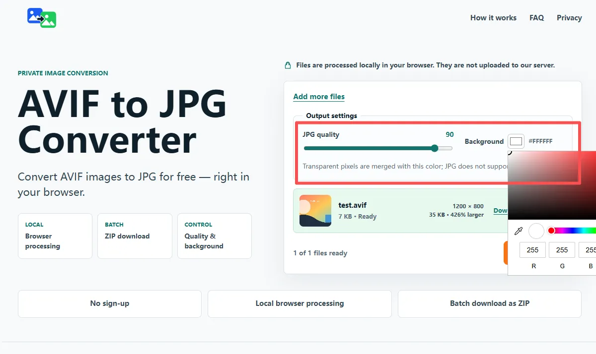 JPG quality slider and background color settings
